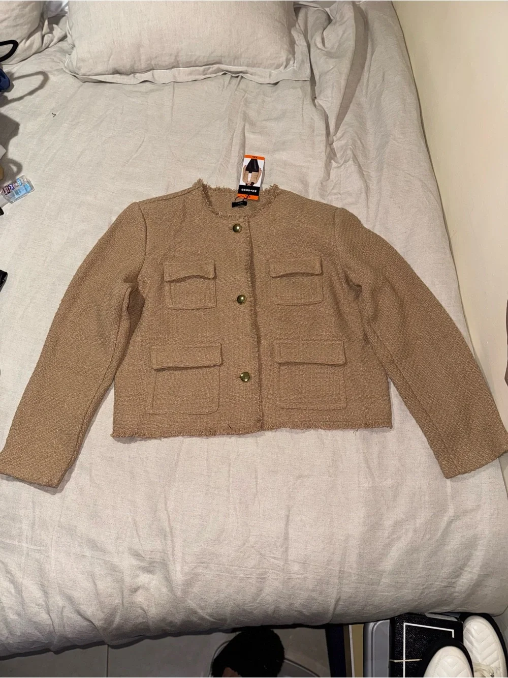 Express Women’s Tweed Fringe Jacket Tan Gold Button XXL Nwt - Picture 3 of 12